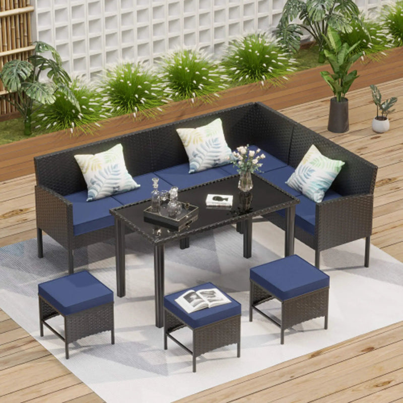 Alora 7-Piece Modern Outdoor Patio Furniture Set With Waterproof Cushions & Glass Table (SAK55673) by SAKSBY WHOLESALE