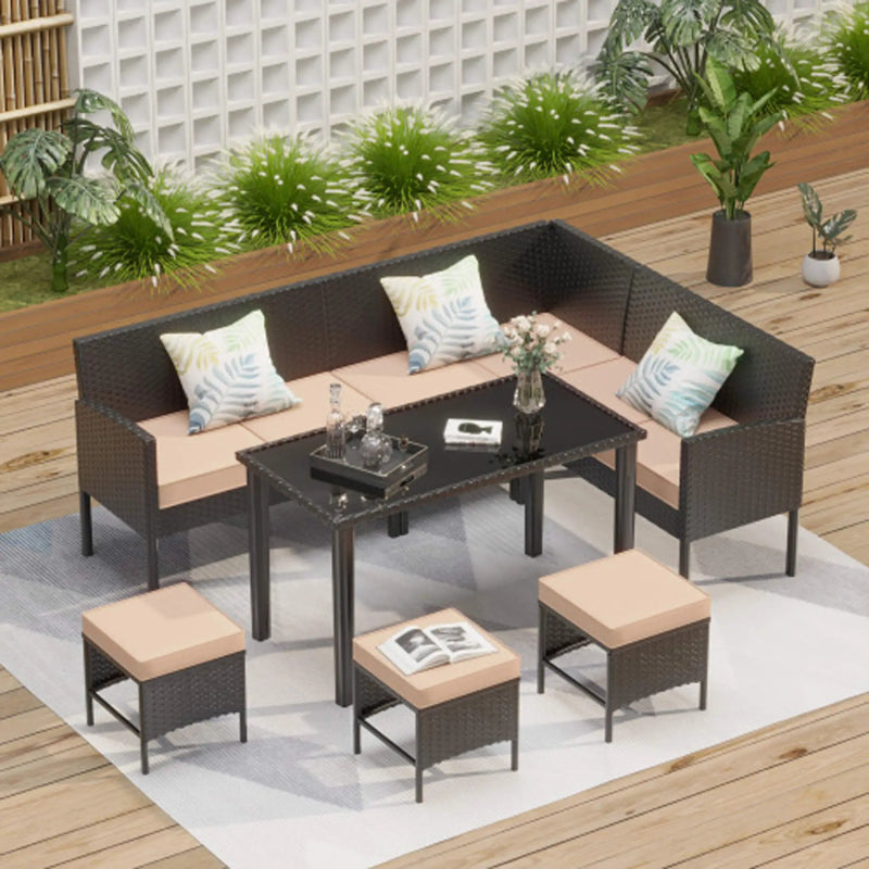 Alora 7-Piece Modern Outdoor Patio Furniture Set With Waterproof Cushions & Glass Table (SAK55673) by SAKSBY WHOLESALE