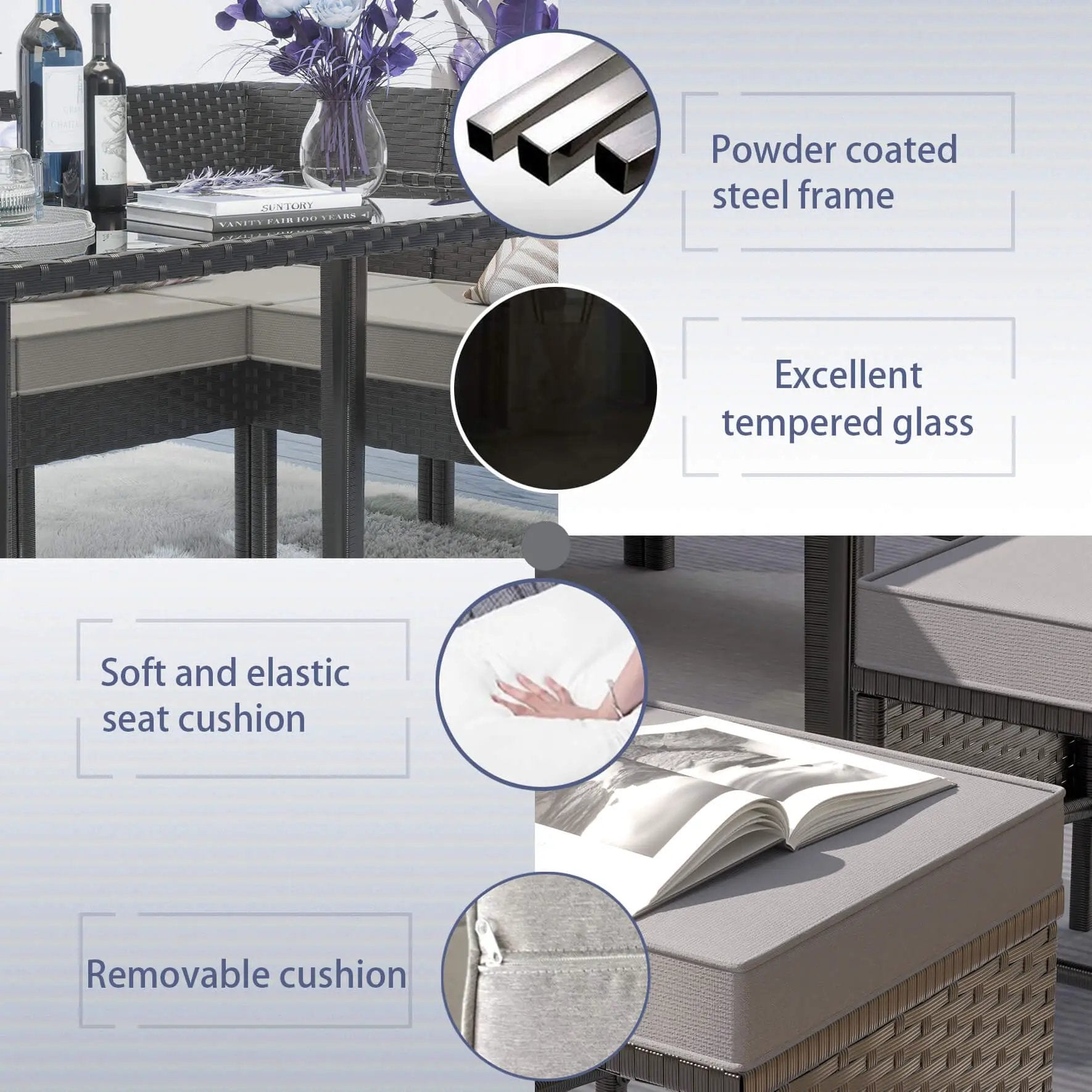 Alora 7-Piece Modern Outdoor Patio Furniture Set With Waterproof Cushions & Glass Table (SAK55673) by SAKSBY WHOLESALE