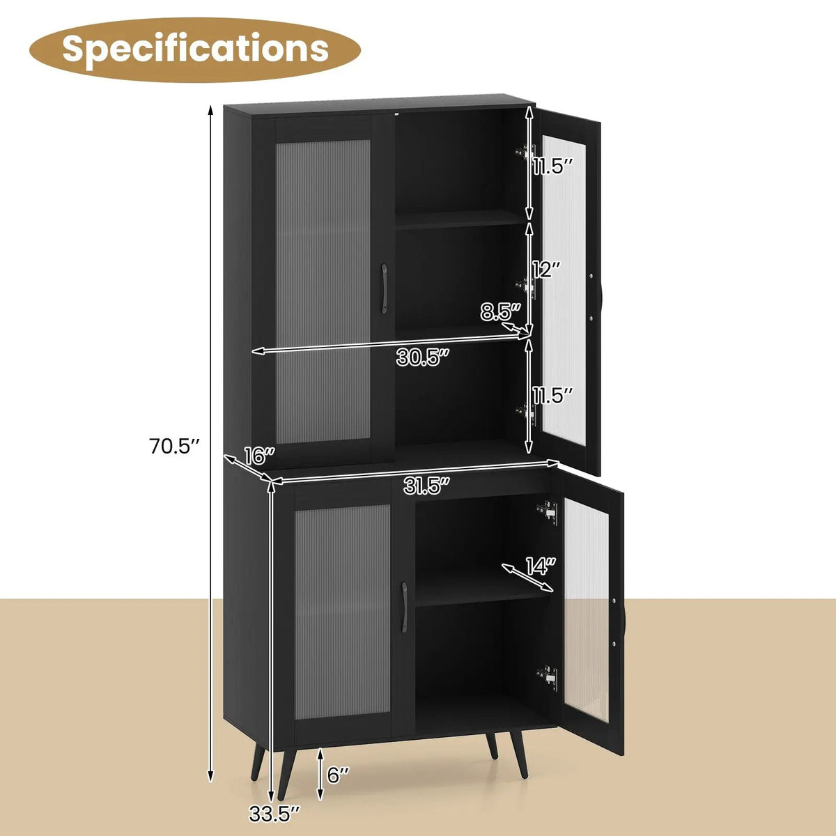 70.5 inch Tall Kitchen Pantry Cabinet Cupboard with 4 Transparent Doors by DirectDeals