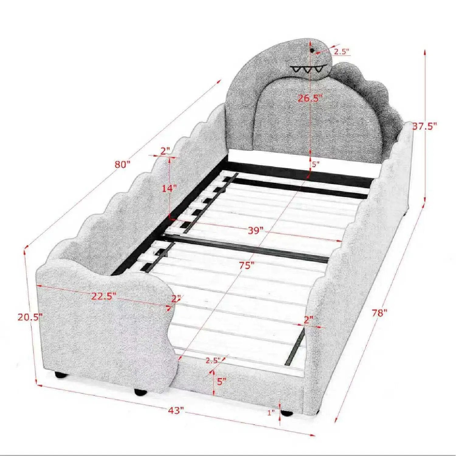 Cute Dinosaur Shaped Bed With Safety Guardrail, Toddler Frame