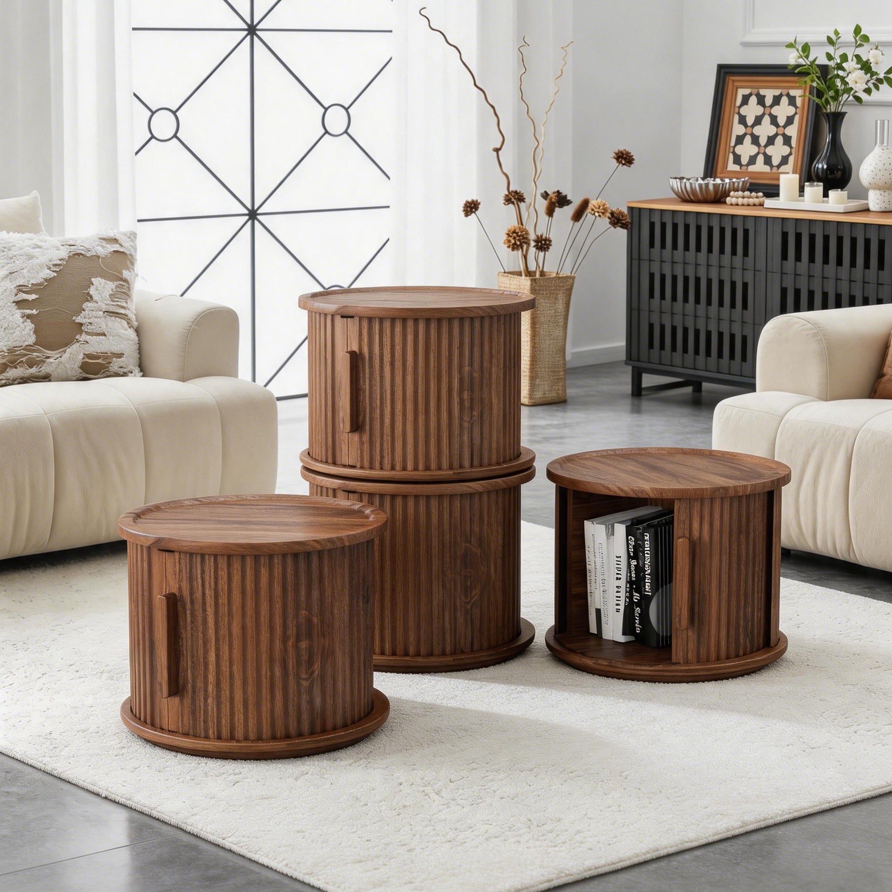 4-Piece Round Coffee Table Set with Sliding Door Storage by HouseOfZazla