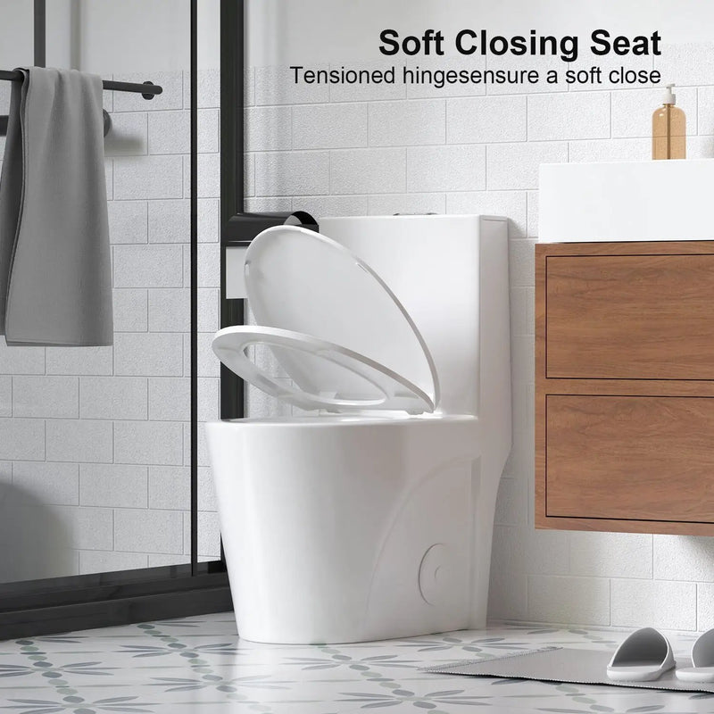 Glossy Tornado Flush 1 Piece Toilet With Dual Flush, Soft Close Seat - Gloss White by HouseOfZazla