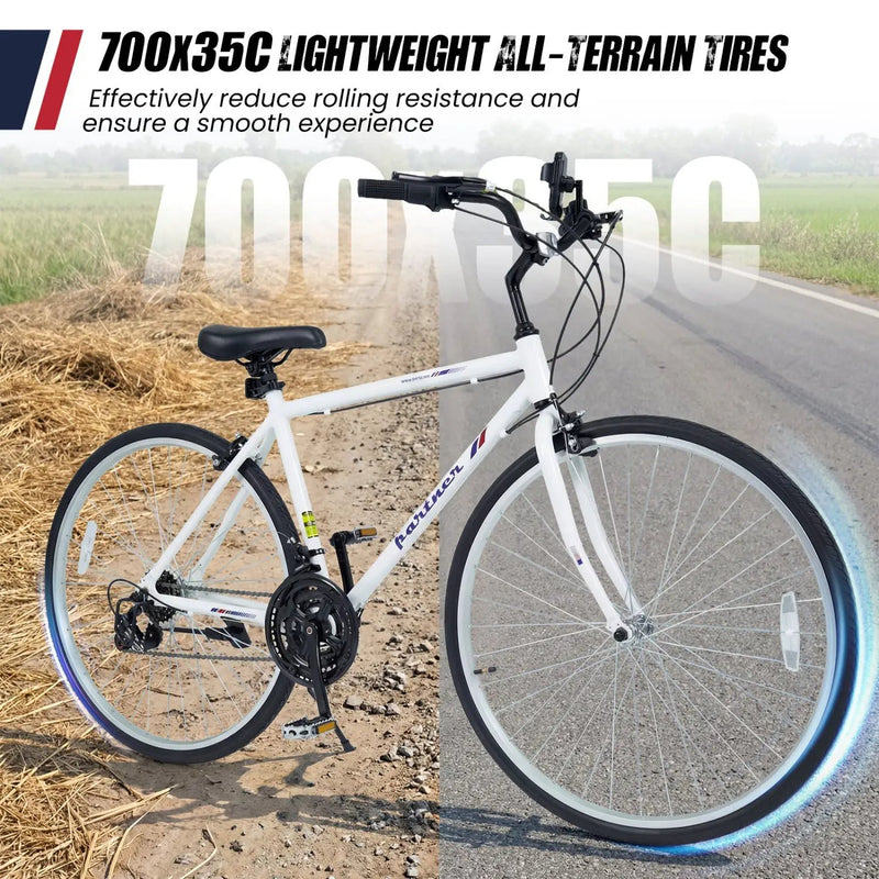 700C Hybrid Bike for Adult with 18-Speed Shimano Drivetrain and Phone Holder by DirectDeals