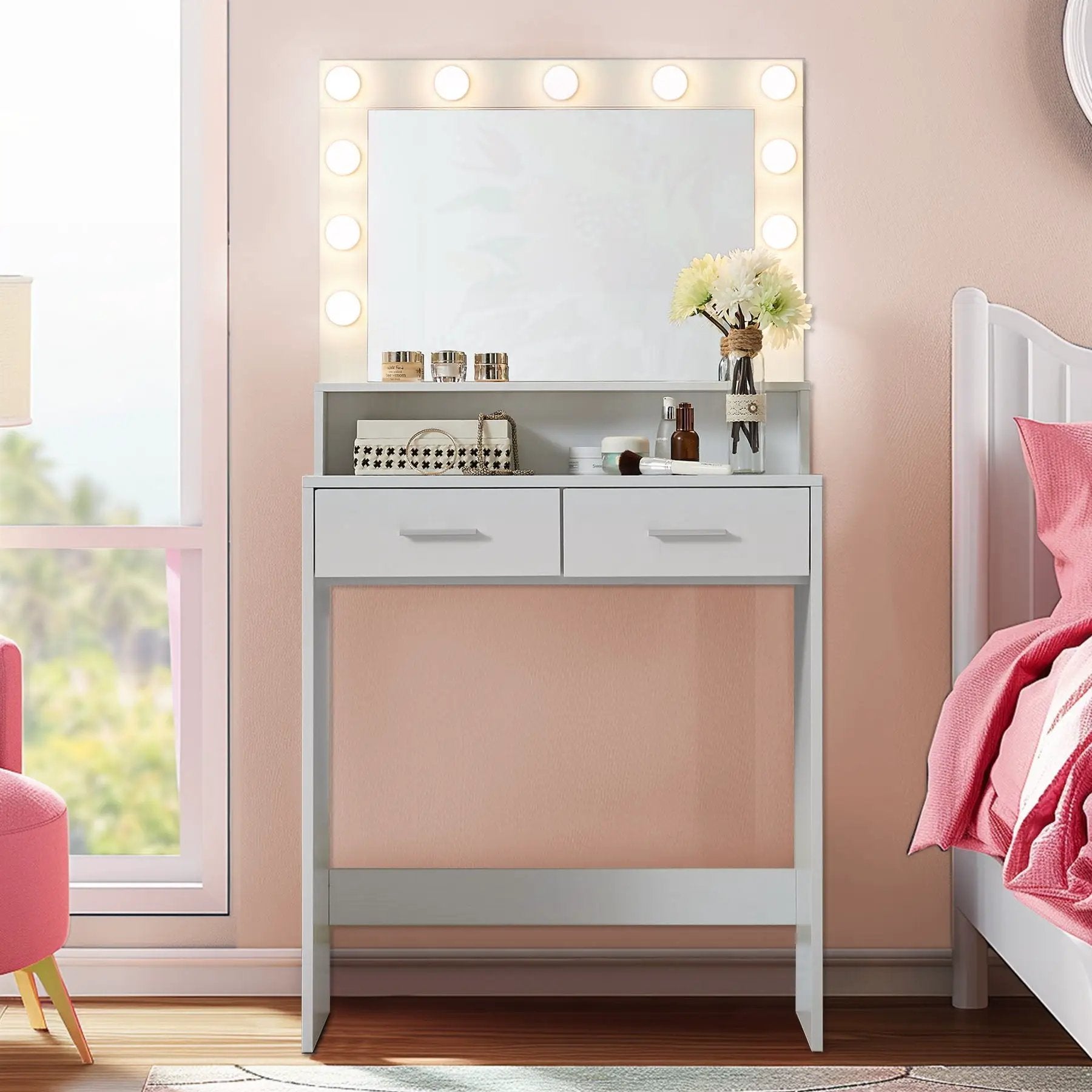Vanity Desk With Mirror And Lights, Dressing Table With Large Drawer, 2 Level Storage Dresser & 3 Lighting Modes Adjustable Brightness, Suitable For Bedroom by Unique Piece Furniture