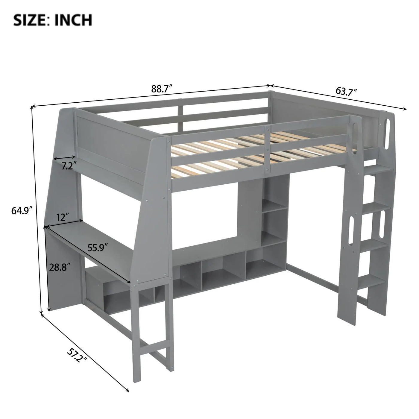 Gaming Loft Bed With Desk, Multi Storage Shelves, LED Lighting, And Hanging Clothes Rack by HouseOfZazla