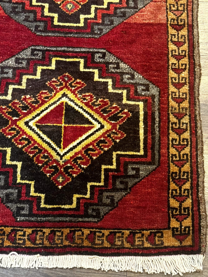 Small Antique Turkish Yastik Rug 2x3, Double Medallions, Geometric, Red, Wool by Jewel Rugs