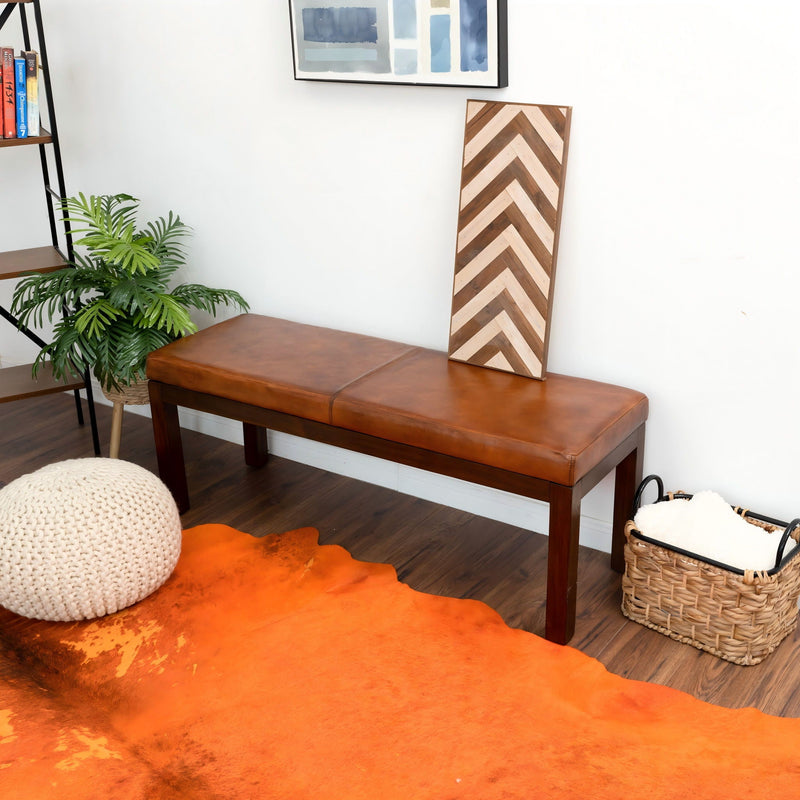 Antique Brown Upholstered Bench with Solid Wood Frame - Brown, photo 5 of 8