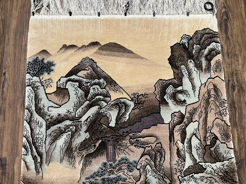 Silk Chinese Wall Hanging Rug 3x6 ft Tapestry, Pagoda Scene, Pictorial, High Quality Fine Hand Knotted Vintage, Asian Oriental Handmade Nice by Jewel Rugs
