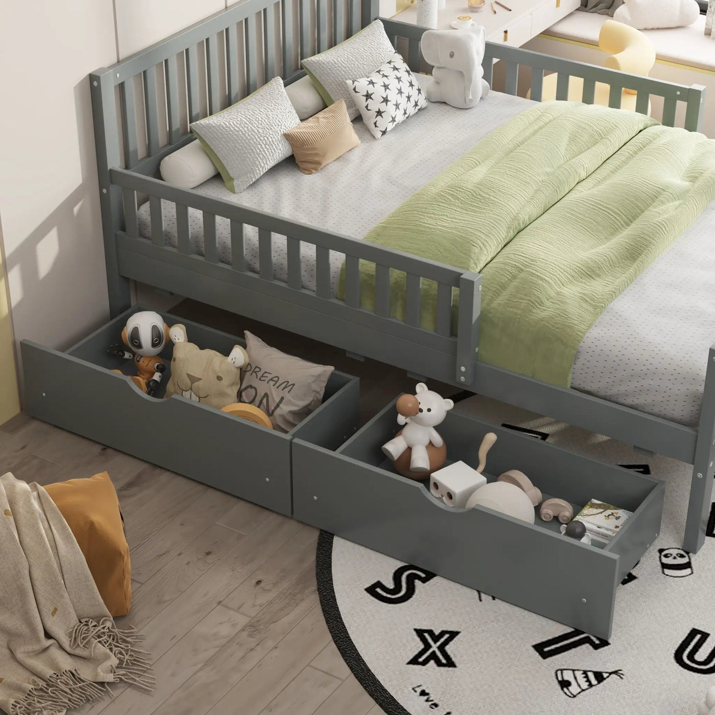Platform Bed With Guardrails On Both Sides And 2 Storage Drawers by HouseOfZazla