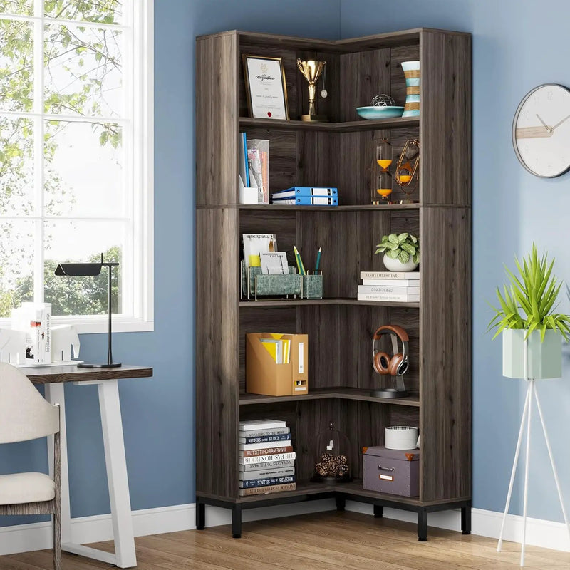 L-Shaped Bookcase, 5 Tier Freestanding Corner Bookshelf by HouseOfZazla
