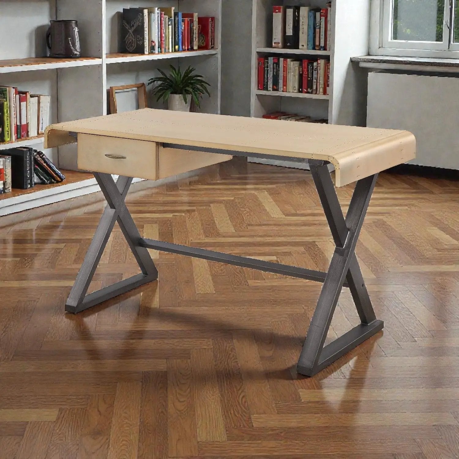 Danton - Aluminum Top Grain Leather Rectangular Writing Desk - Gold by HouseOfZazla