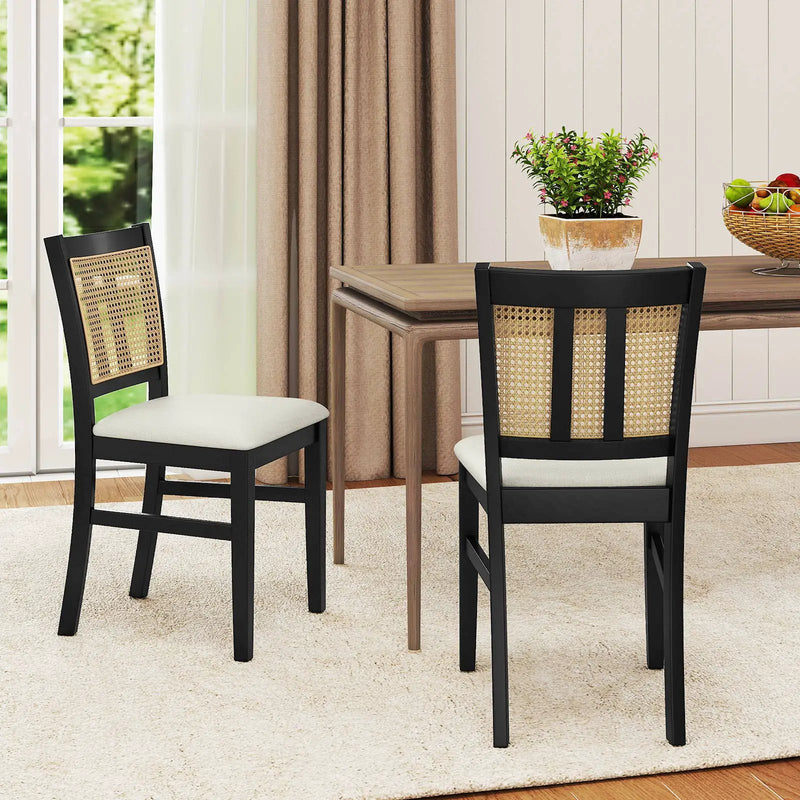 Farmhouse Rattan Dining Chair Set of 2 with Rubber Wood Legs and Cane Back-Beige by DirectDeals