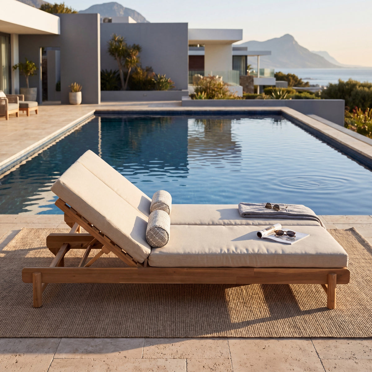Light Teak Acacia Wood Double Chaise Lounger Set, photo 5 of 10