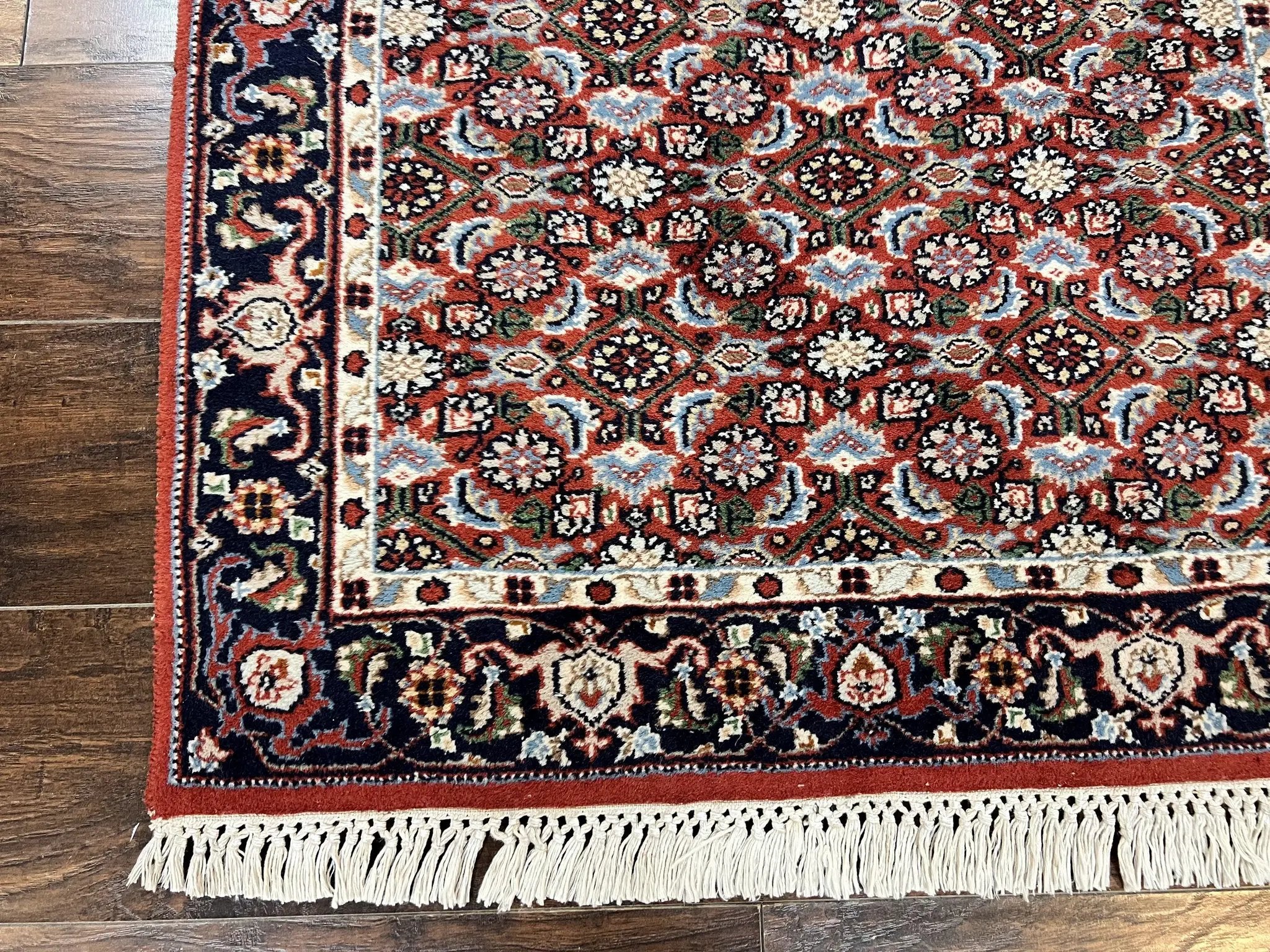 Indo Persian Rug 3x5, Red and Navy Blue, Wool Vintage Handmade Small Carpet 3 x 5 ft, Herati Pattern, Bidjar Rug by Jewel Rugs