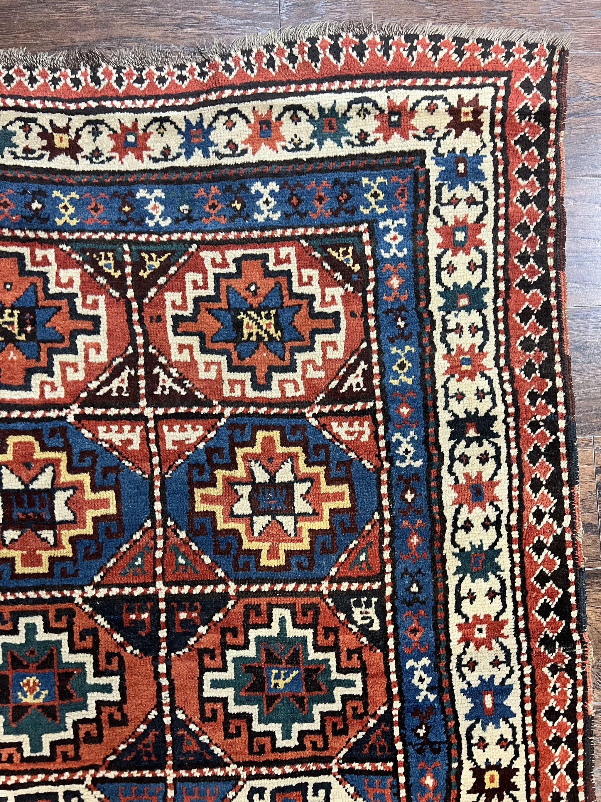 Antique Caucasian Kazak Runner Rug 4 x 9.5, Handmade Wool Rug for Hallway, Rare Colorful Panel Design Mid 19th Century 1870s Oriental Carpet by Jewel Rugs