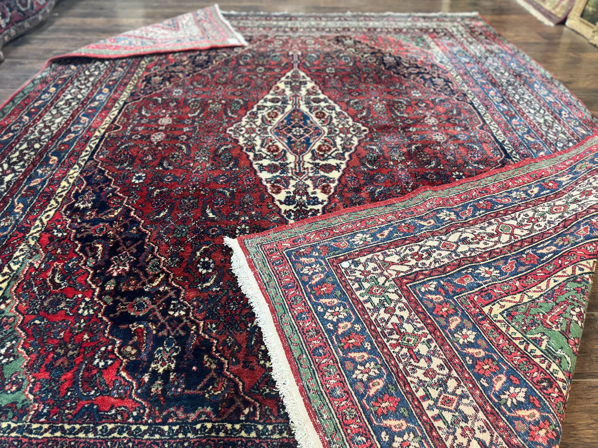 Antique Persian Hamadan Tribal Rug 8x10, Red and Ivory, Medallion Rug, Wool Handmade Carpet by Jewel Rugs