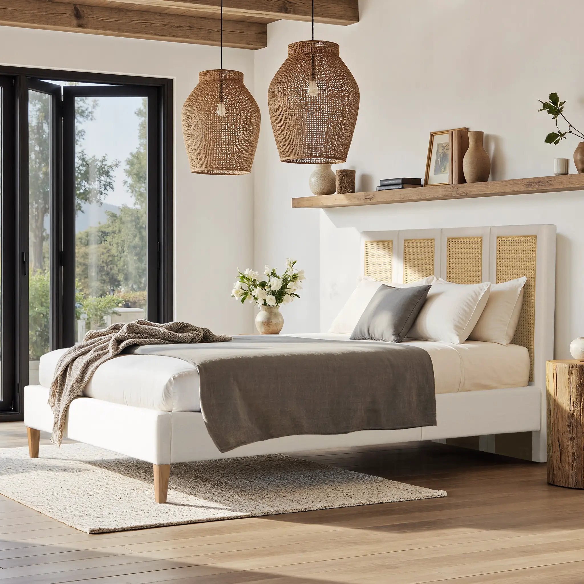 Toscana Queen Upholstered Cane Back Platform Bed by HouseOfZazla