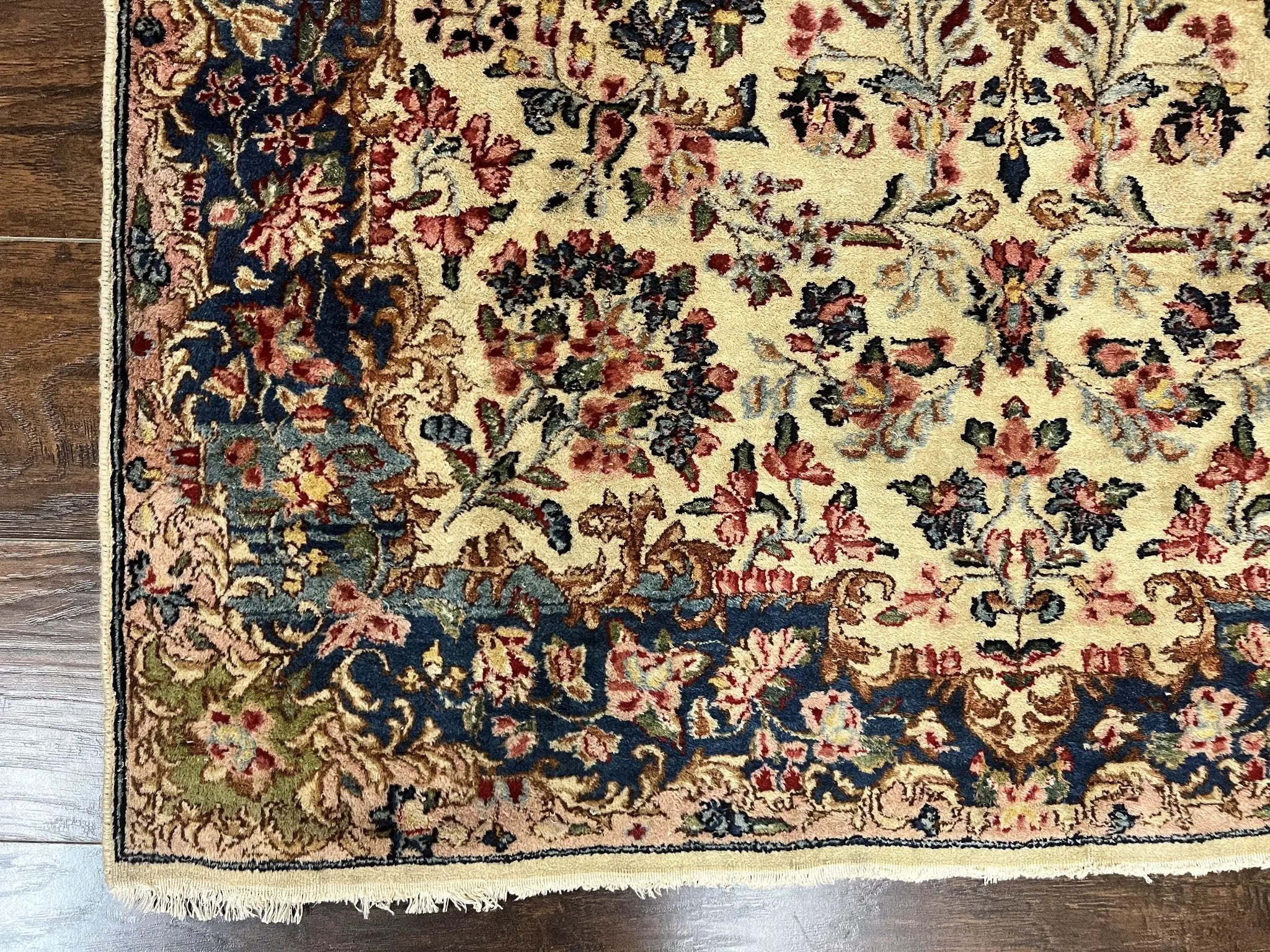Antique Persian Kirman Rug 4x7, Cream and Navy Blue, Hand Knotted Wool Floral Carpet by Jewel Rugs