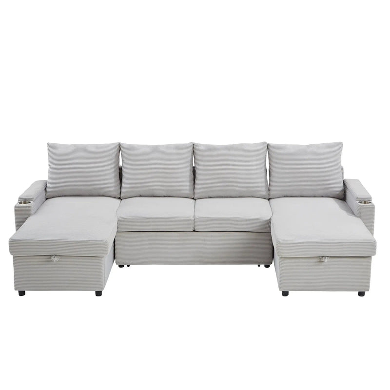 U Shaped Sectional Sofa Bed With Storage Chaise Lounges, USB Ports, And Cup Holders by HouseOfZazla