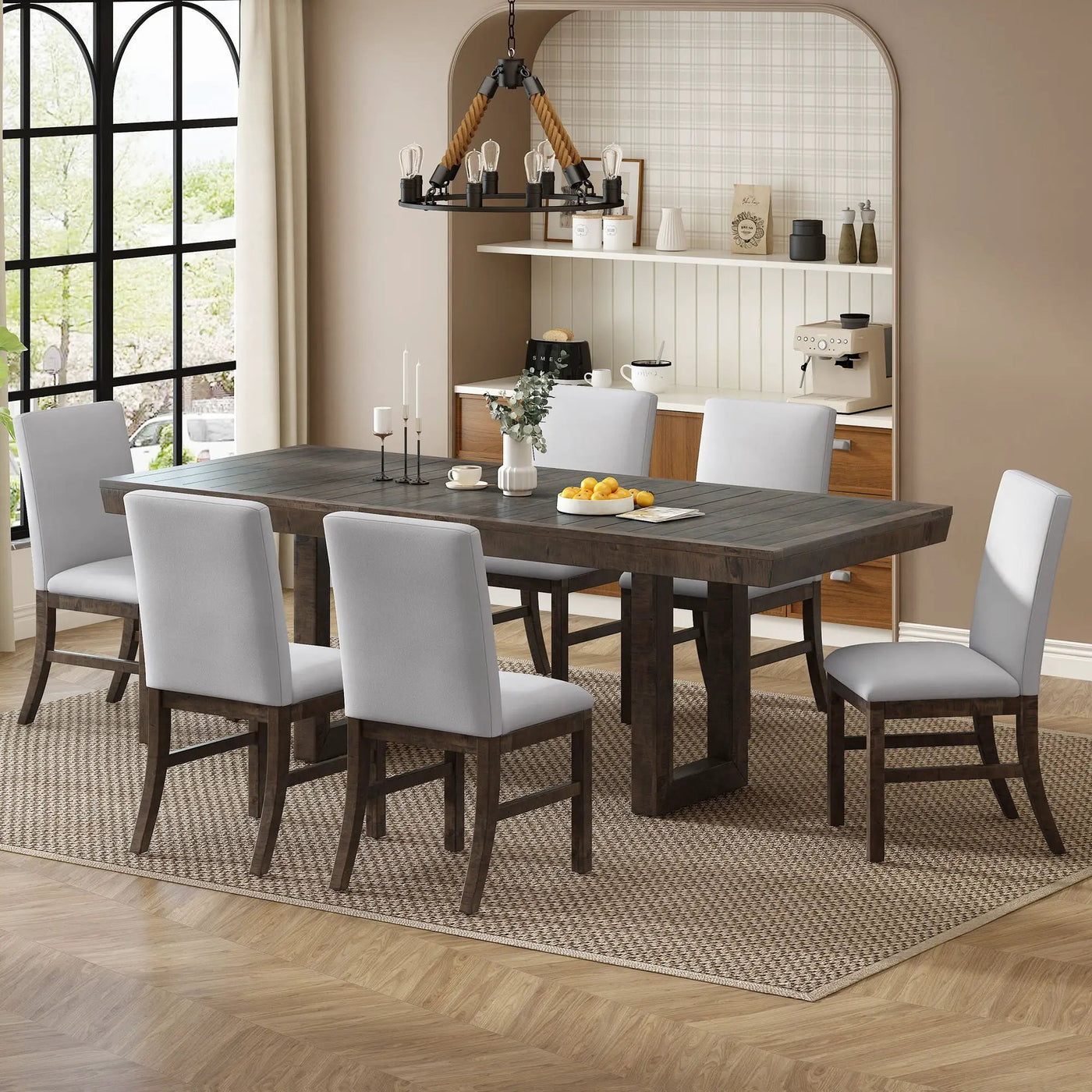 Topmax - 7 Piece Traditional Extendable Dining Table Set With Butterfly Leaf And 6 Upholstered Dining Table Set by Unique Piece Furniture