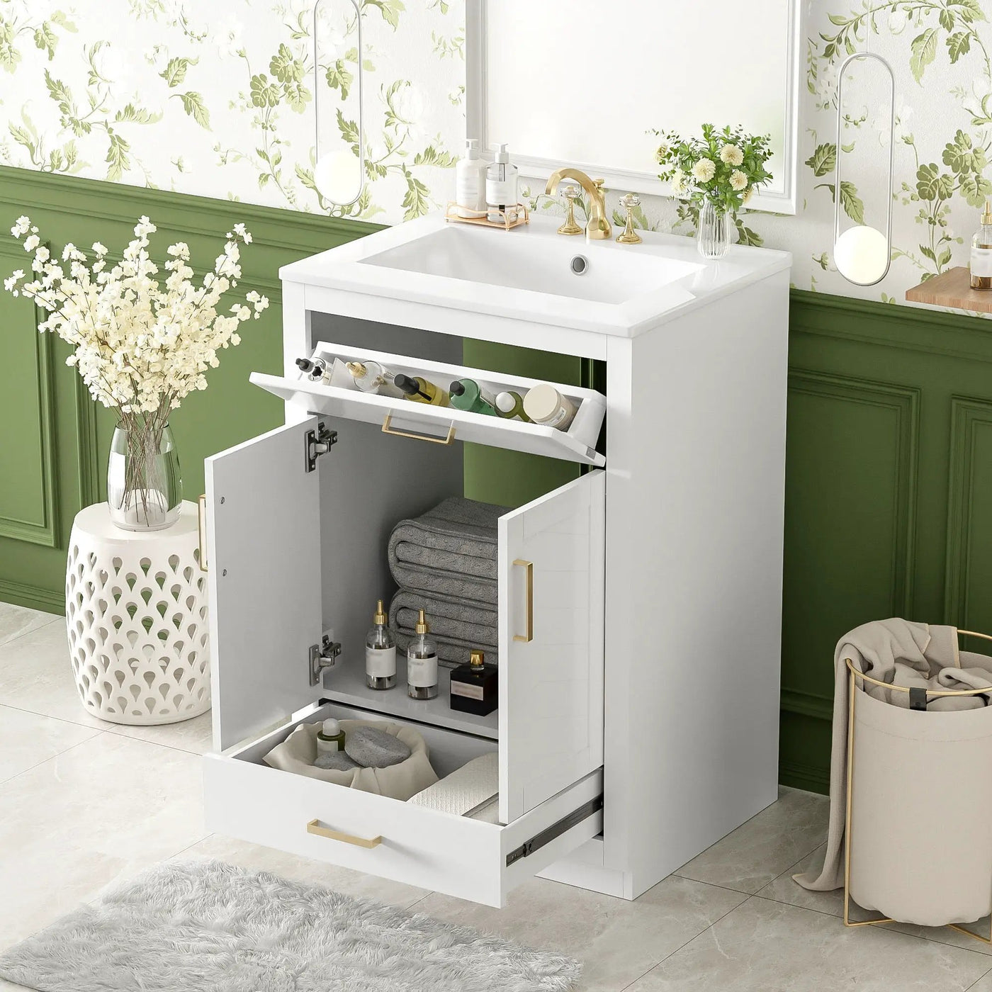 Modern Bathroom Vanity With Integrated Ceramic Sink, 2 Door Cabinet With Tip-Out Drawer by HouseOfZazla