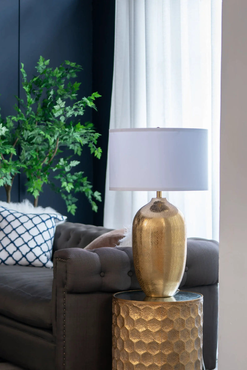 D18x31" Round Aluminum Sheet Gold Table Lamp with White Fabric Shade by HouseOfZazla