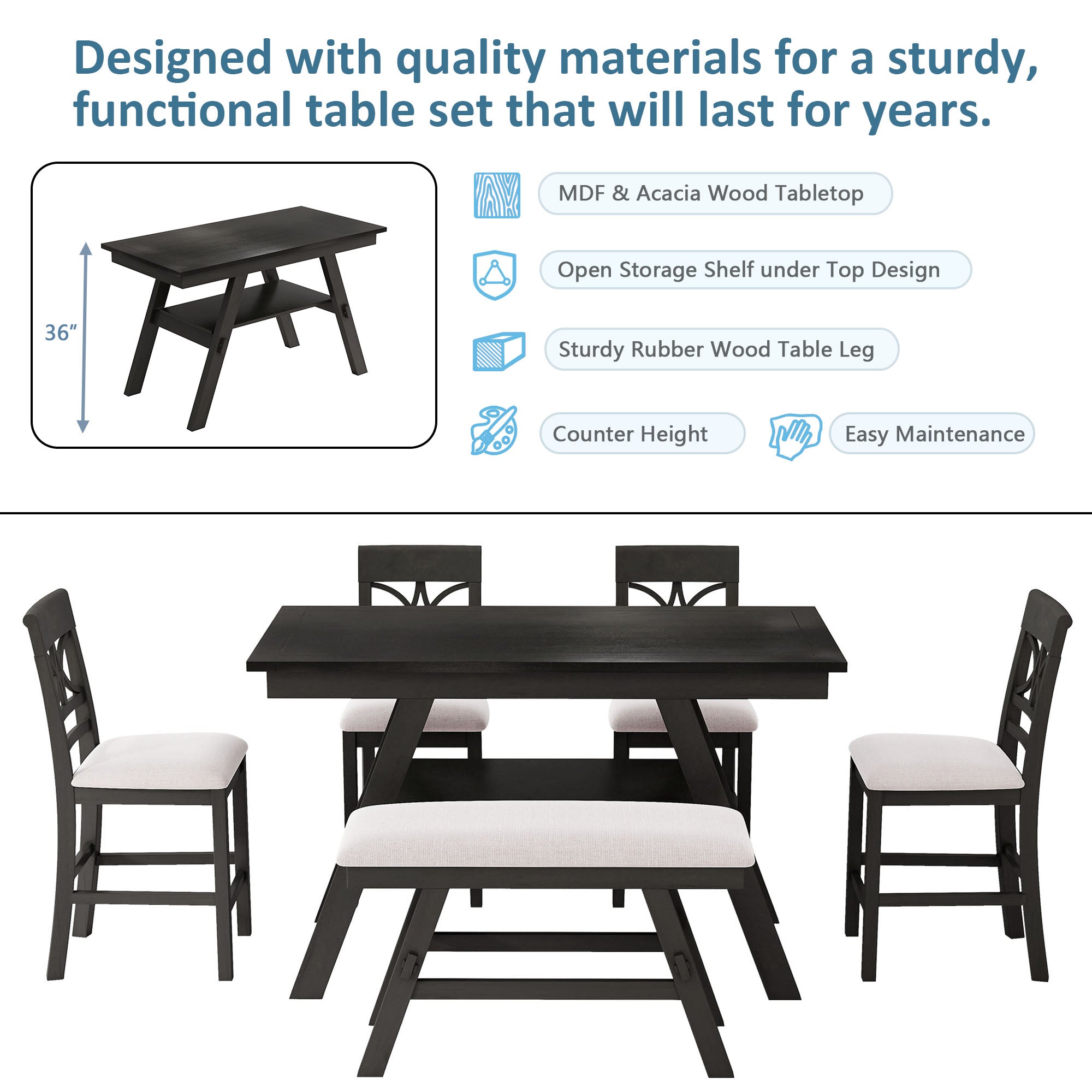 TOPMAX 6-Piece Wood Counter Height Dining Table Set with Storage Shelf by HouseOfZazla