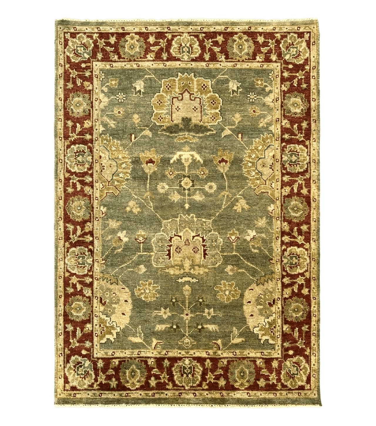 Indo Oushak Rug 4x6, Green and Maroon, Vintage Wool Floral Rug, Indian Agra Rug by Jewel Rugs