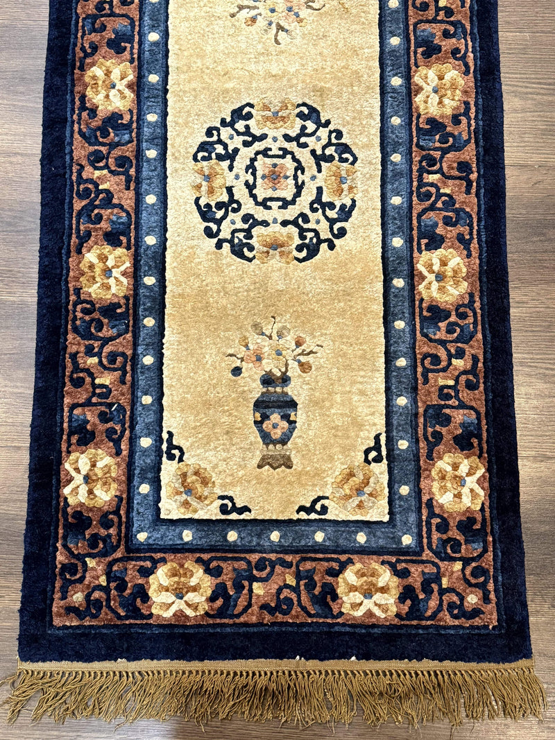 Silk Chinese Rug 2x4, Peking Carpet, Golden-Beige and Blue, Hand Knotted, Simple Design by Jewel Rugs