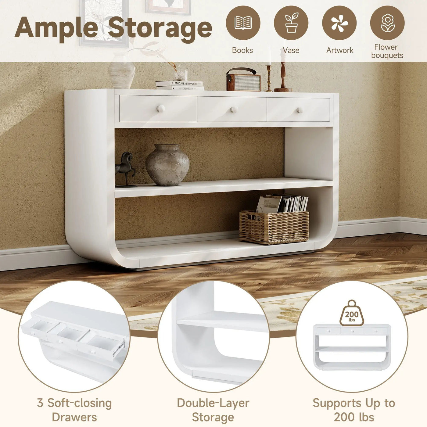 Console Table With 3 Soft Close Drawers & 2 Open Shelves by HouseOfZazla