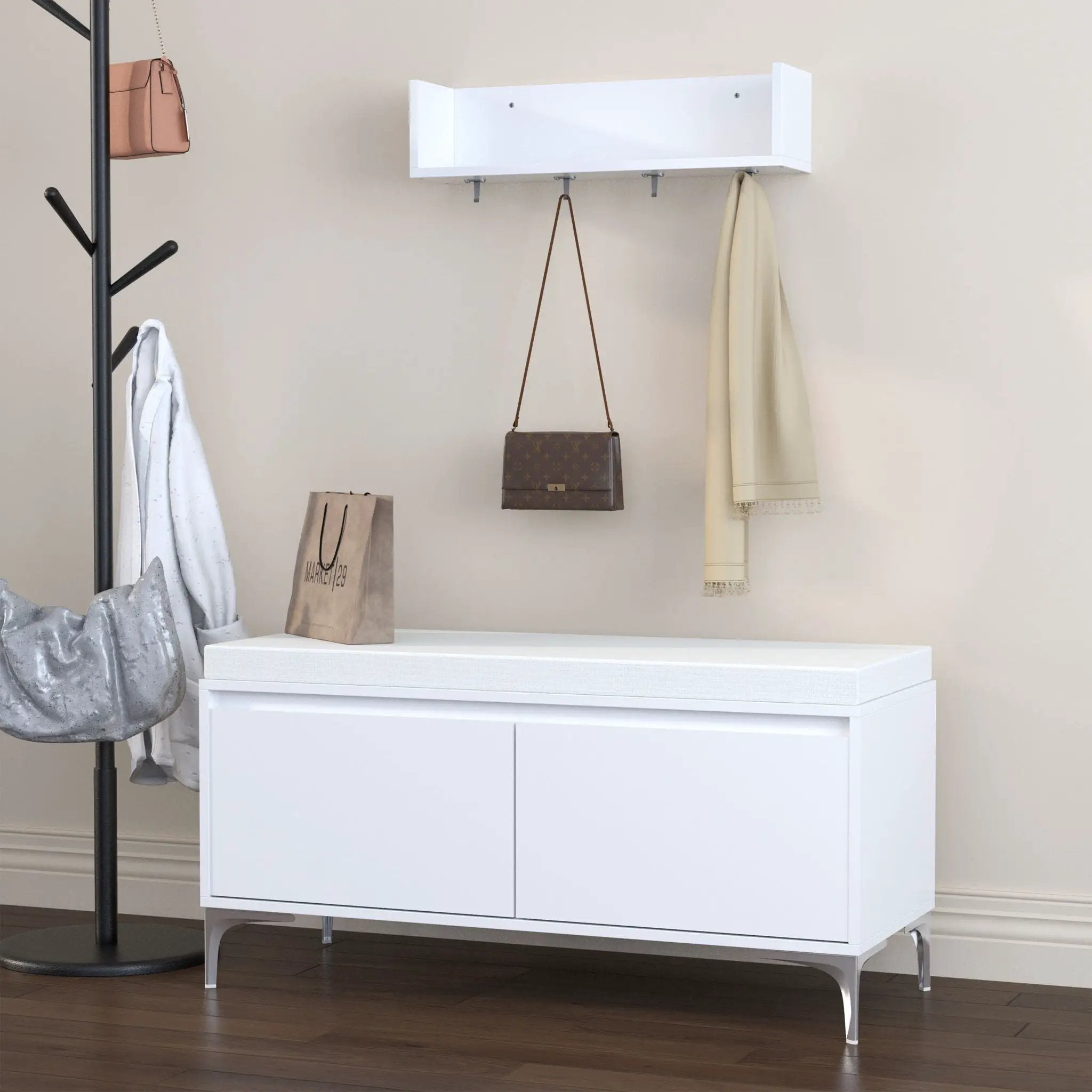 Wall Mounted Entryway Shelf With Hooks And Storage Bench Set - Off White by Unique Piece Furniture