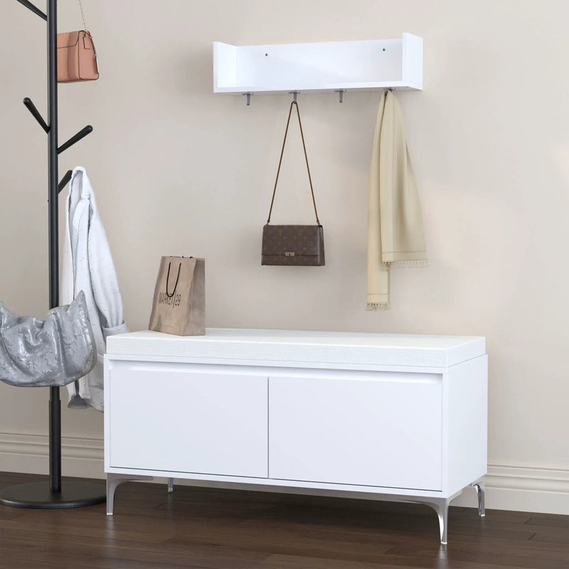 Wall Mounted Entryway Shelf With Hooks And Storage Bench Set - Off White by Unique Piece Furniture