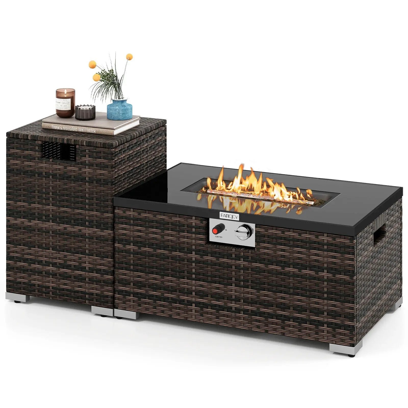 2-Piece Outdoor Rattan Fire Table Set 32 Inch Rectangle Gas Firepit with Tank Cover by DirectDeals