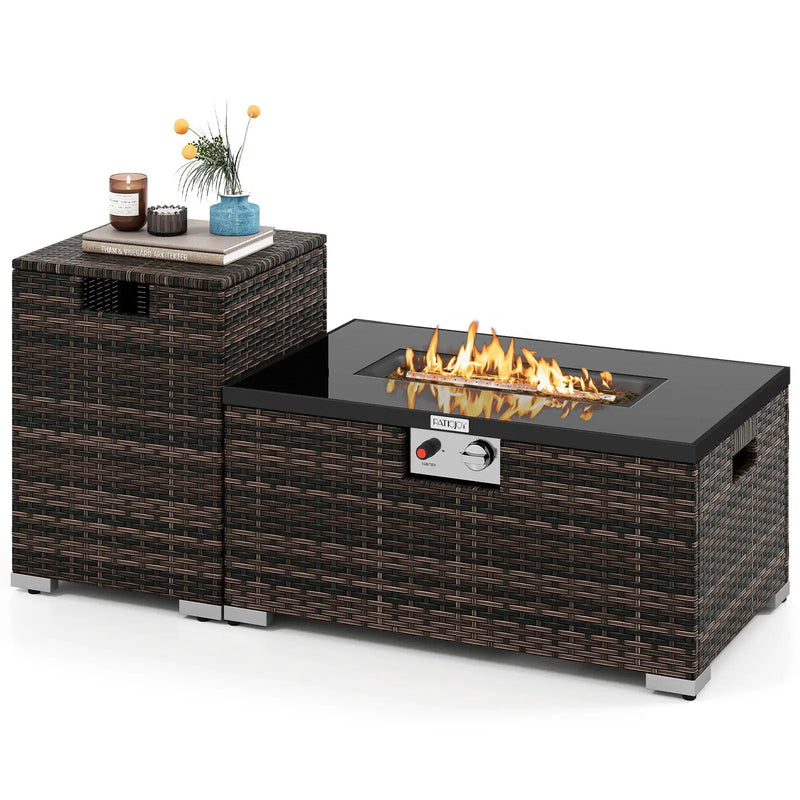 2-Piece Outdoor Rattan Fire Table Set 32 Inch Rectangle Gas Firepit with Tank Cover by DirectDeals