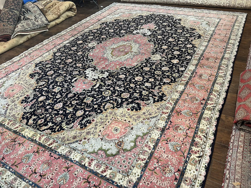 Magnificent Persian Tabriz Rug 11x16, Oversized Persian Carpet 11 x 16 ft, Wool on Silk Finely Hand Knotted, 450 KPSI, Floral Medallion, Black Pink by Jewel Rugs