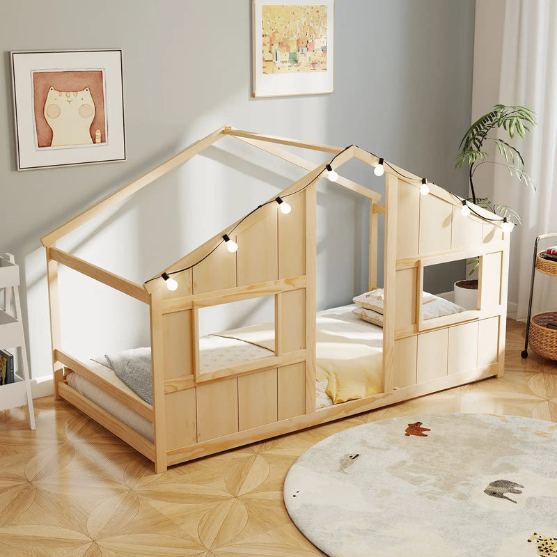 Twin Size House Bed with LED Lights Montessori Slat-free Floor Bed by DirectDeals