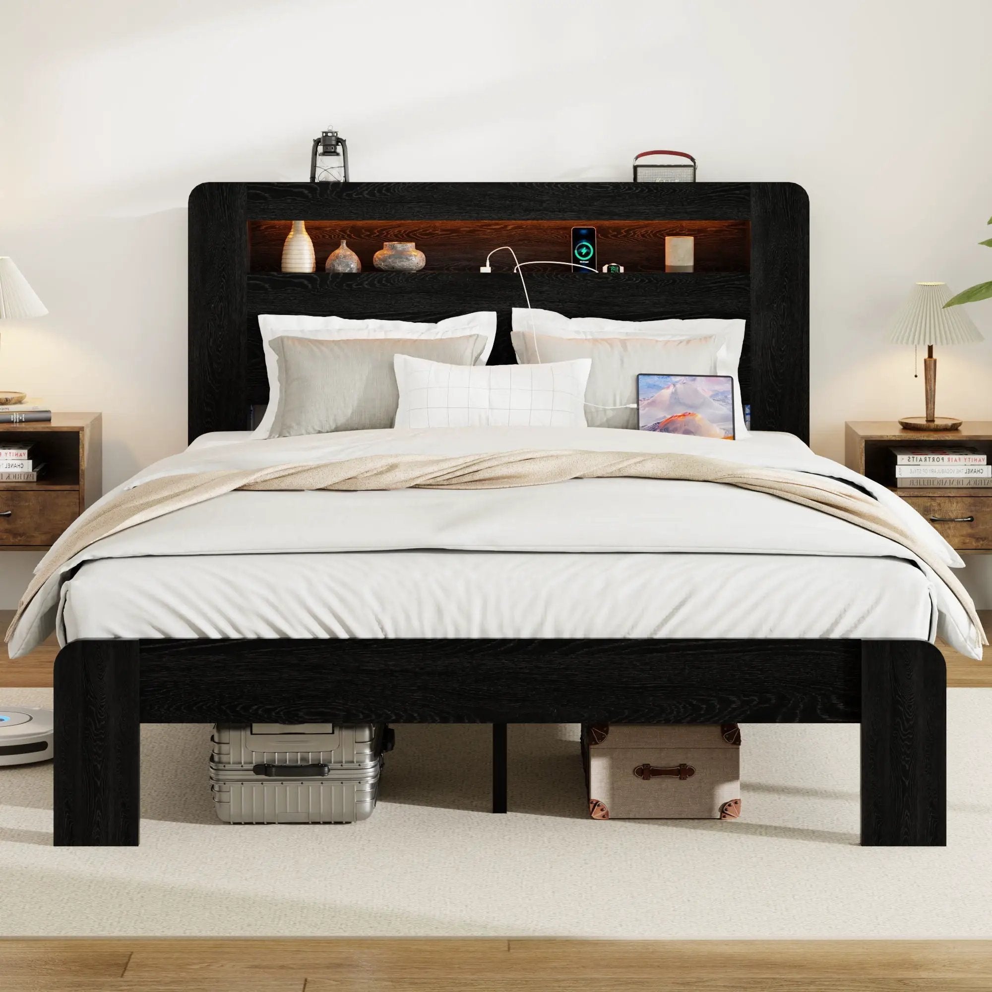 Wood Platform Bed Frame With Storage LED Light Headboard & USB by HouseOfZazla