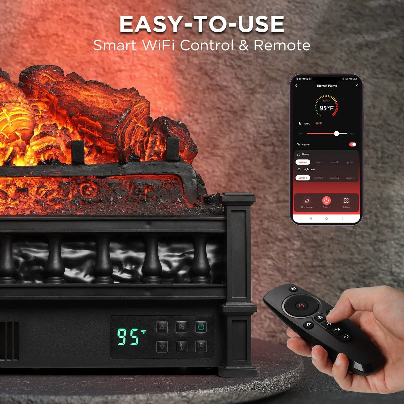 (Open Box) Eternal Flame EF26-PB Smart Electric Fireplace Logs, WiFi Enabled by TURBRO
