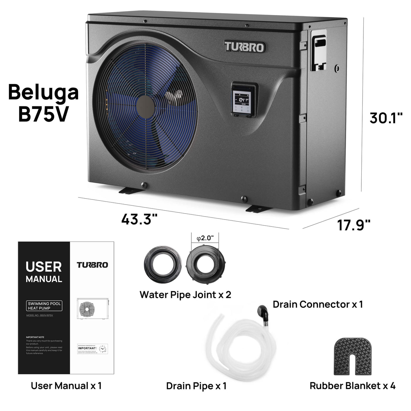 Beluga Inverter Pool Heat Pump, 50K/75K BTU by TURBRO