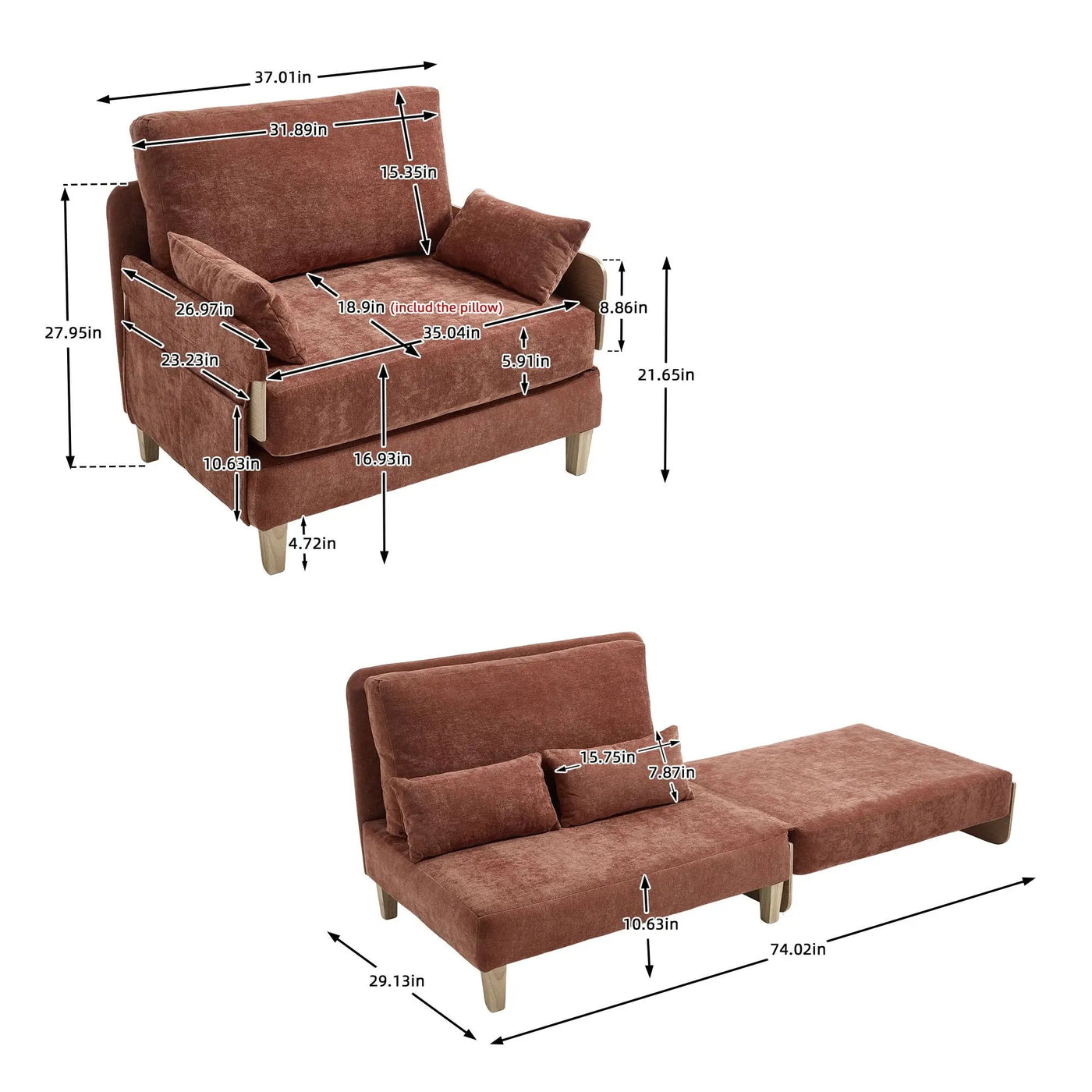 Mid Century Modern Foldable Sofa Bed, 3 In 1 Convertible Sleeper With 3 Pillows by Unique Piece Furniture