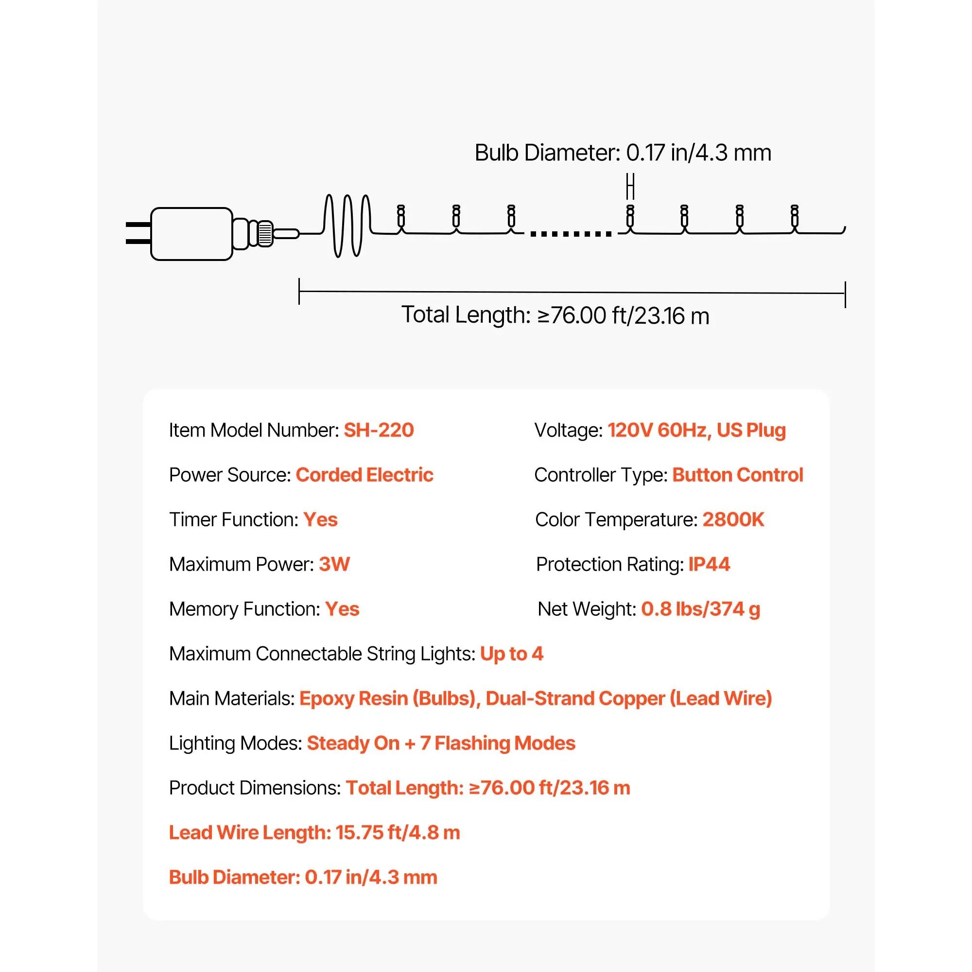 LED Christmas String Lights, 200 LED, 76 Ft Connectable Warm by HouseOfZazla