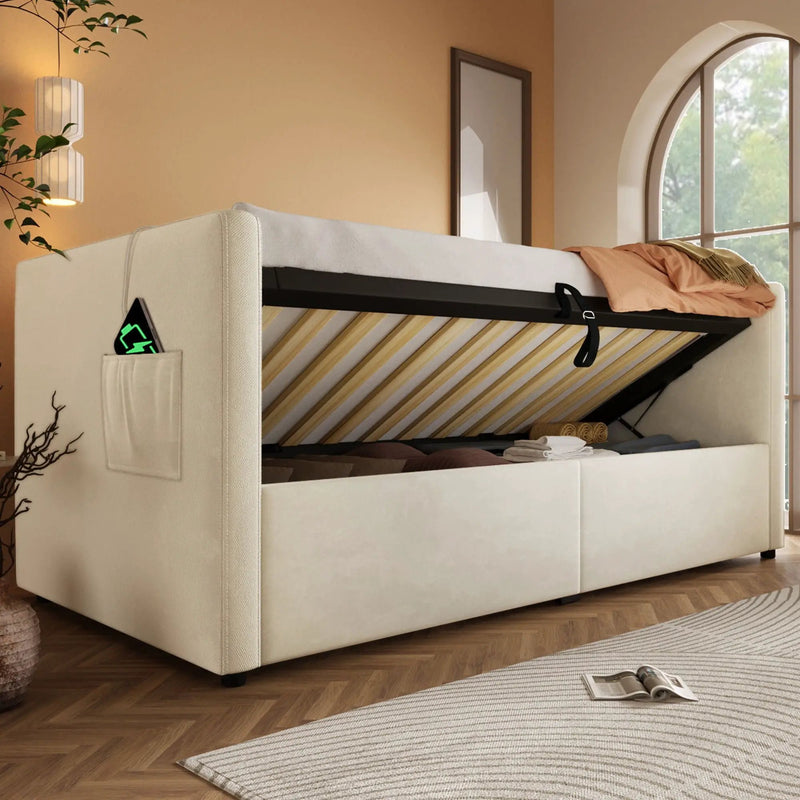 Upholstered Hydraulic Storage Daybed With USB & Type C Charging by HouseOfZazla