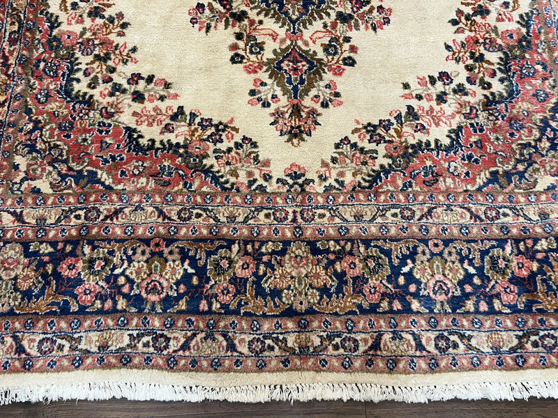 Persian Rug 9x10, Hamadan Rug, Antique Oriental Carpet, Wool Rug, Semi Open Field, Cream and Navy Blue, Kirman Design Hand Knotted Almost Square Rug by Jewel Rugs
