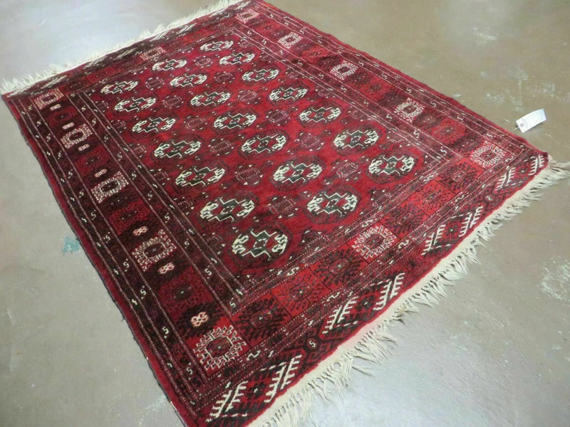 4' 5" X 5' 7" Semi Antique Handmade Afghan Yamud Turkoman Bokhara Wool Rug by Jewel Rugs
