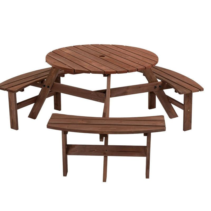 6 Person Circular Outdoor Wooden Picnic Table For Patio, Backyard, Garden, Diy With 3 Built-In Benches, 1720Lb Capacity by HouseOfZazla