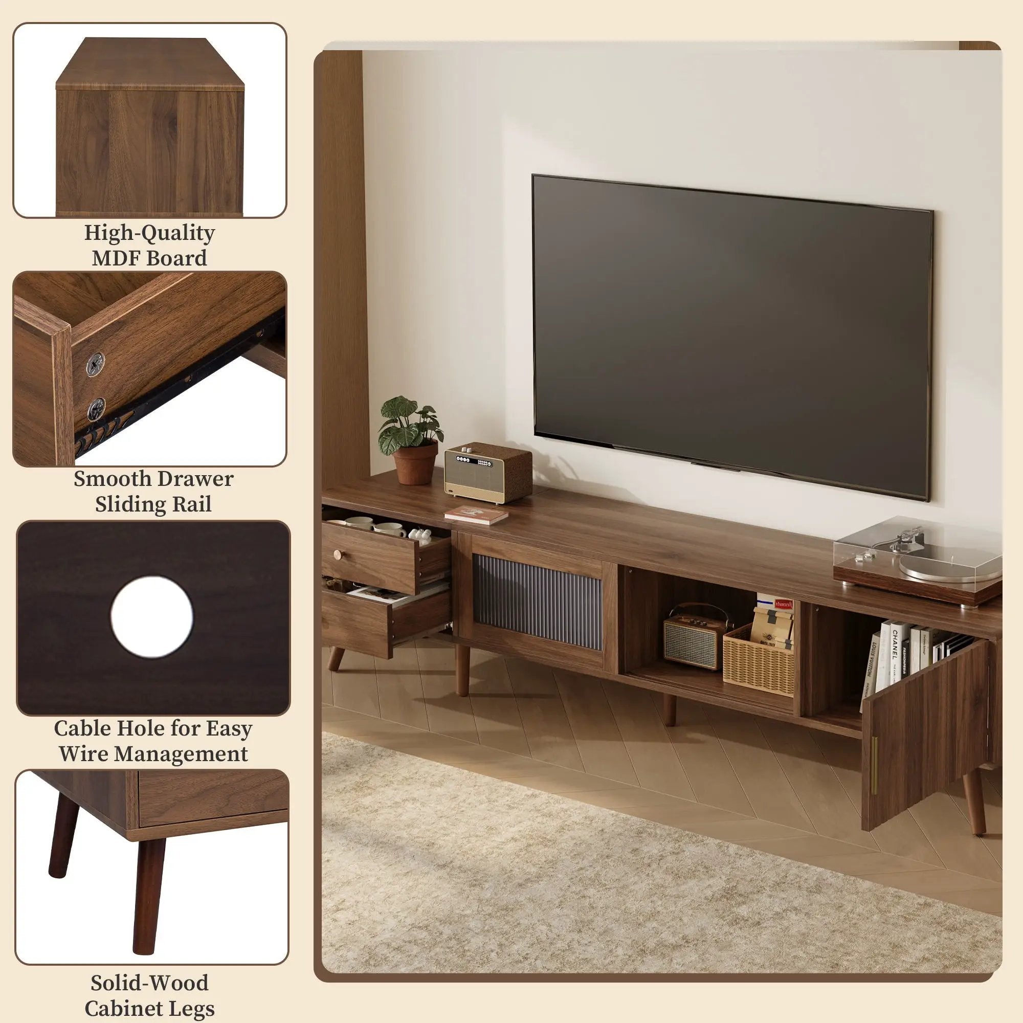 76" TV Stand, Entertainment Center With Storage Cabinets, TV Media Console Table For Living Room - Natural by Unique Piece Furniture