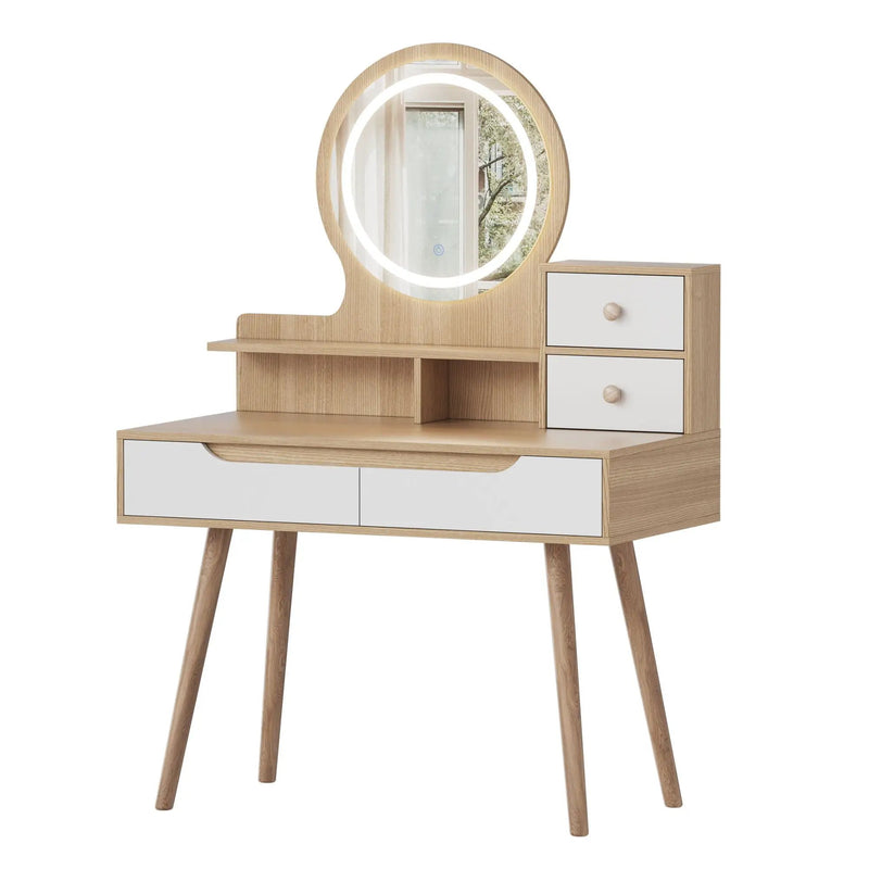 Elegant Makeup Vanity Desk With Adjustable Lighted Mirror Table Feet - American White Oak by HouseOfZazla