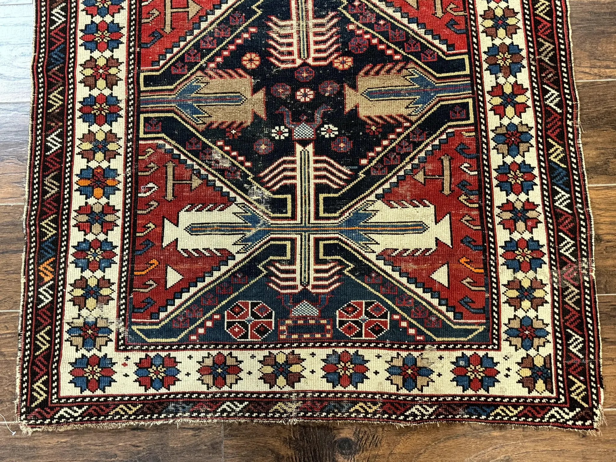 Antique Shirvan Caucasian Rug 3x5, Geometric Pattern, Red Navy Blue Beige by Jewel Rugs