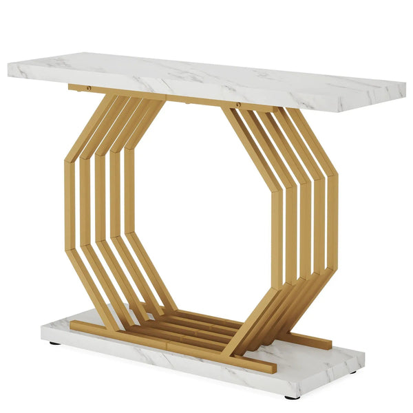 Accent Entryway Console Table With Geometric Bas For Living Hallway - White / Gold